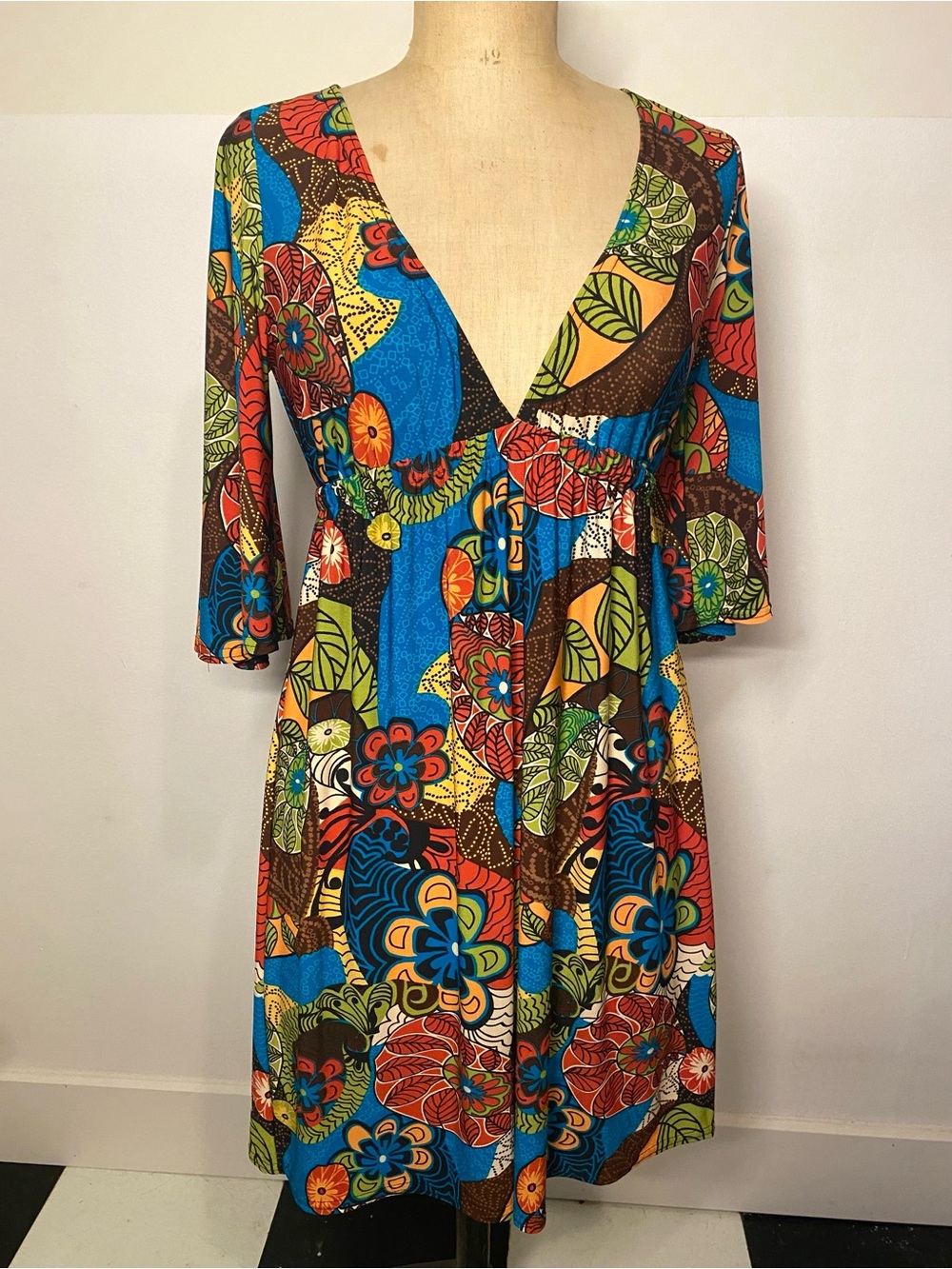 Uncle Frank Boho Bell Sleeve Dress Colorful Floral Festival Mini Size S